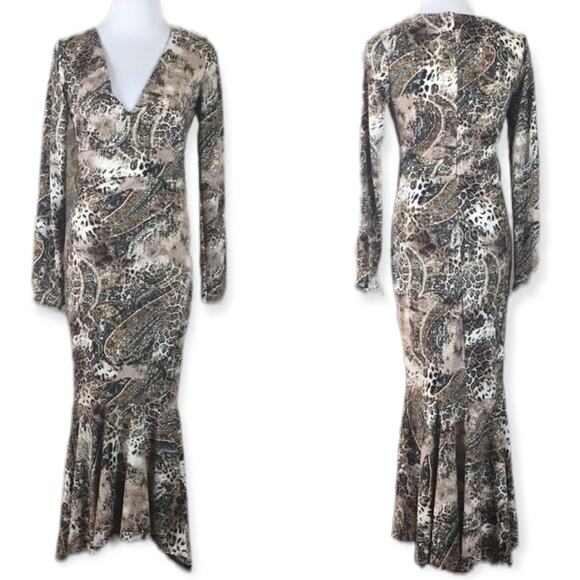 EBBY & I Leopard Print Midi Dress XS Long Ruffle Party Animal Fitted Bodycon NWT - Picture 1 of 9